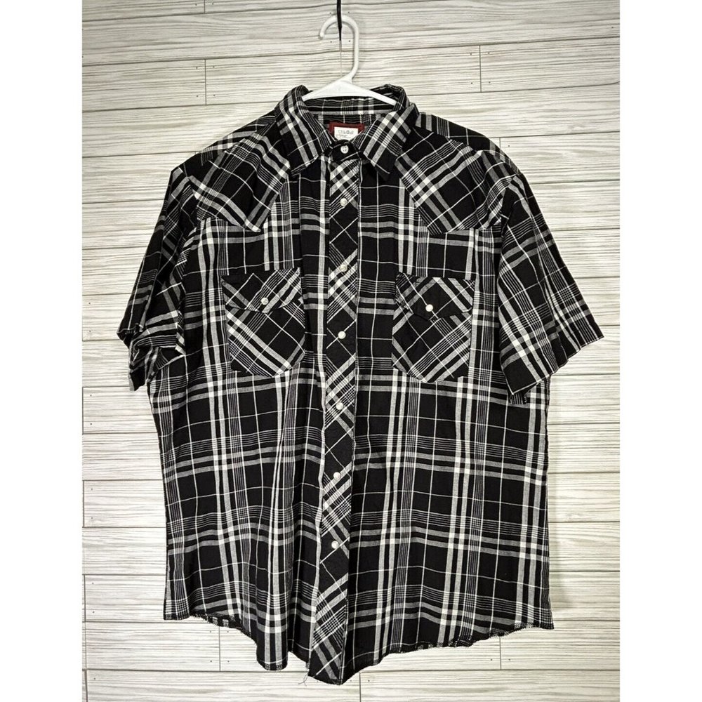 Vintage‎ Rustler X Long Tail Shirt Mens XL Black White Plaid Pearl Snap Western